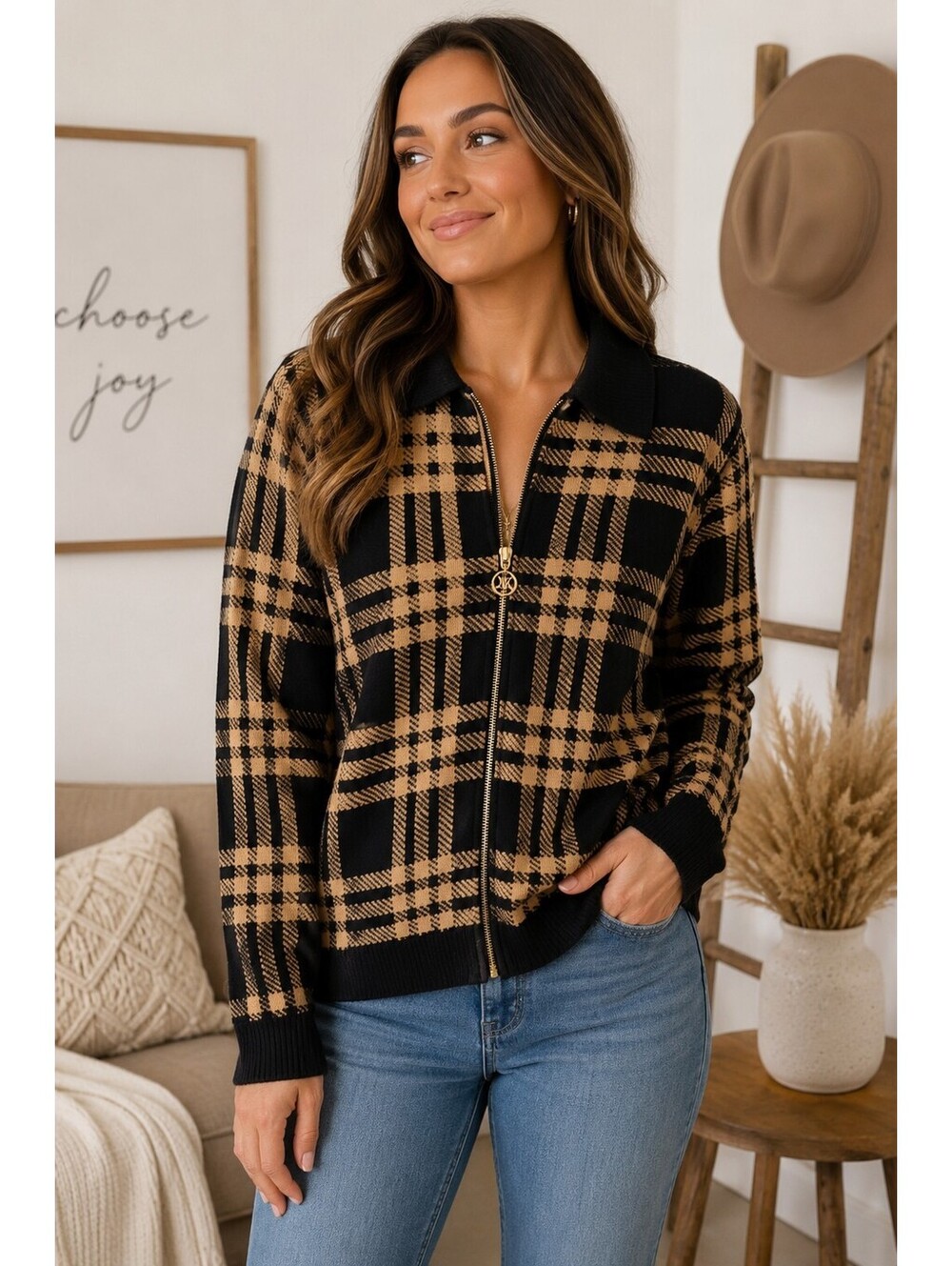 Anne Klein Women's Plaid Full Zip Knit Jacket Sweater Black Tan Size Medium M